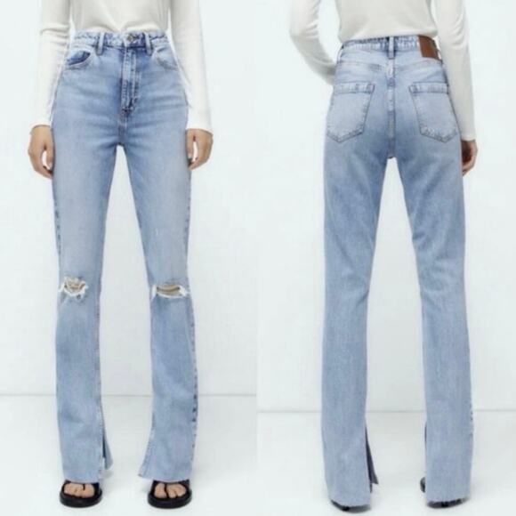 Zara High Rise Distressed Split Hem Jeans Light Wash Women’s Size 4 EUC - Picture 2 of 10